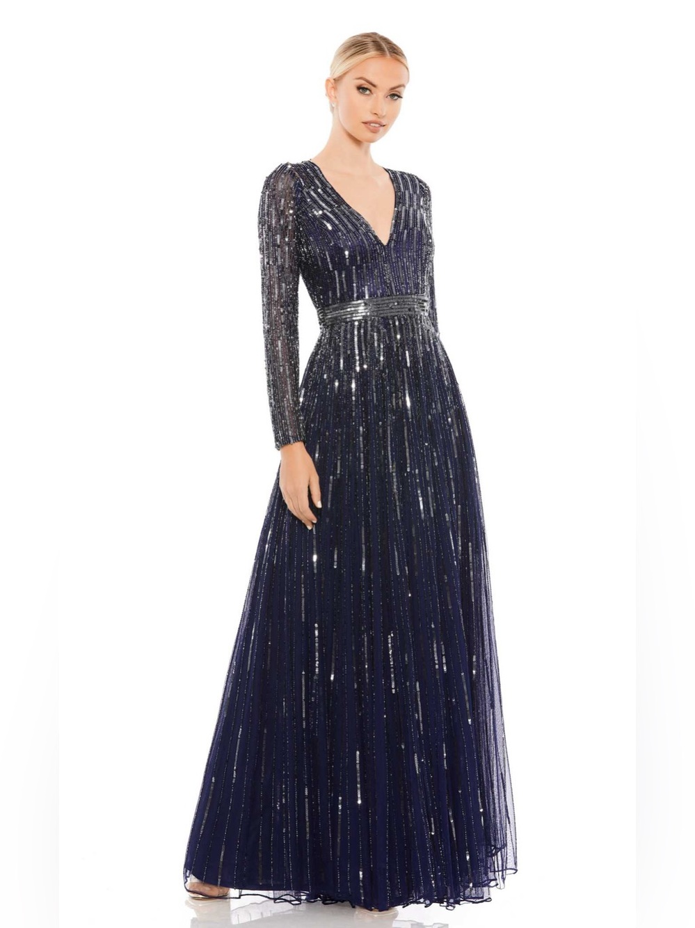 MAC DUGGAL
Sequined V Neck Illusion Sleeve A Line Gown